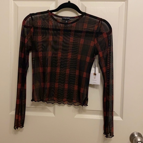 Red and black plaid mesh crop top. Size XS - Picture 1 of 4